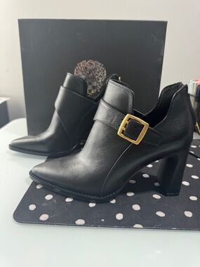 Vince Camuto Women’s Black Leather Buckle High-Heel Ankle Boots